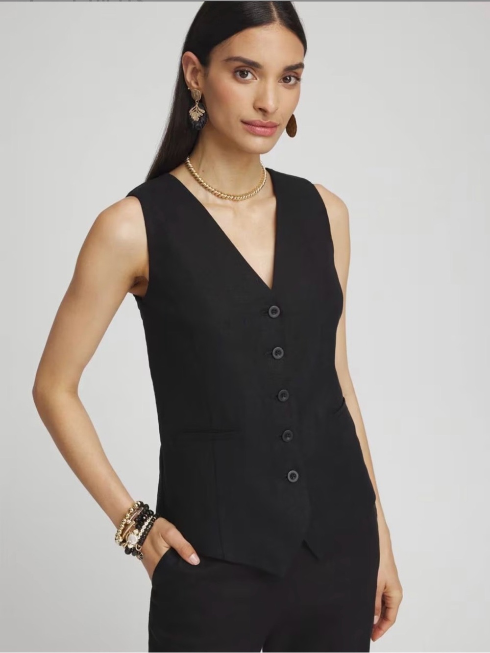 Chico's Black 100% Linen V-Neck Button Vest, size 3